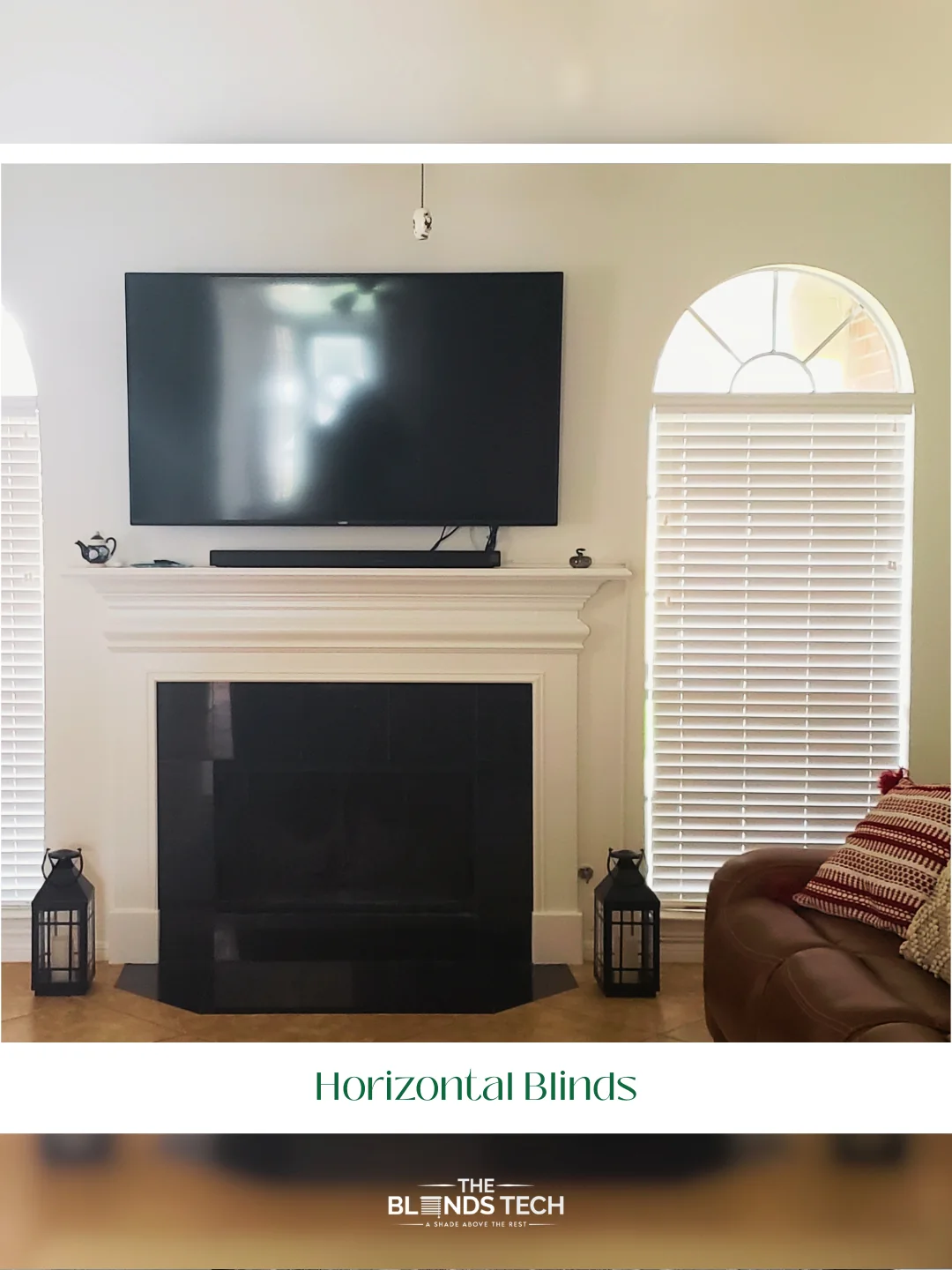 horizontal blinds in a bright Houston living room with a fireplace