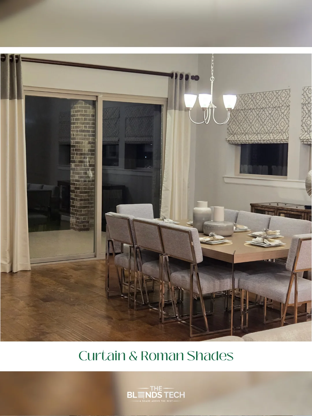custom curtains and Roman shades in a Houston dining room with natural light