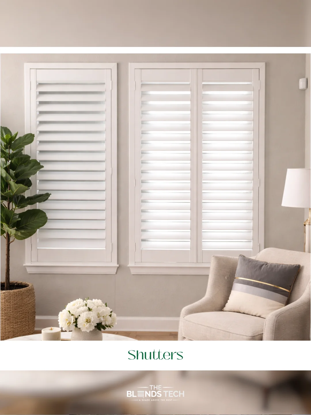 white plantation shutters in a neutral Houston living room with a fiddle leaf fig plant